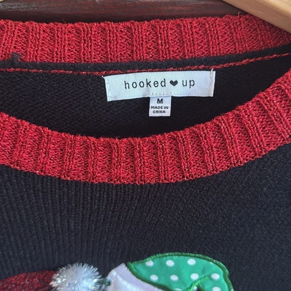 Festive Christmas Sweater with Santa and Elves Womens Size Medium Glam Xmas Top